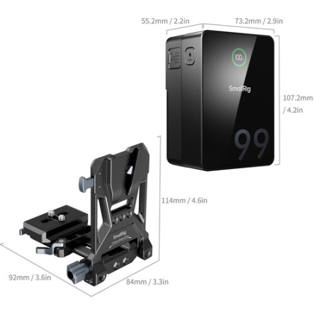 SmallRig 5046B - zestaw, akumulator VB99 Pro mini + składana płytka montażowa V-Mount - wymiary
